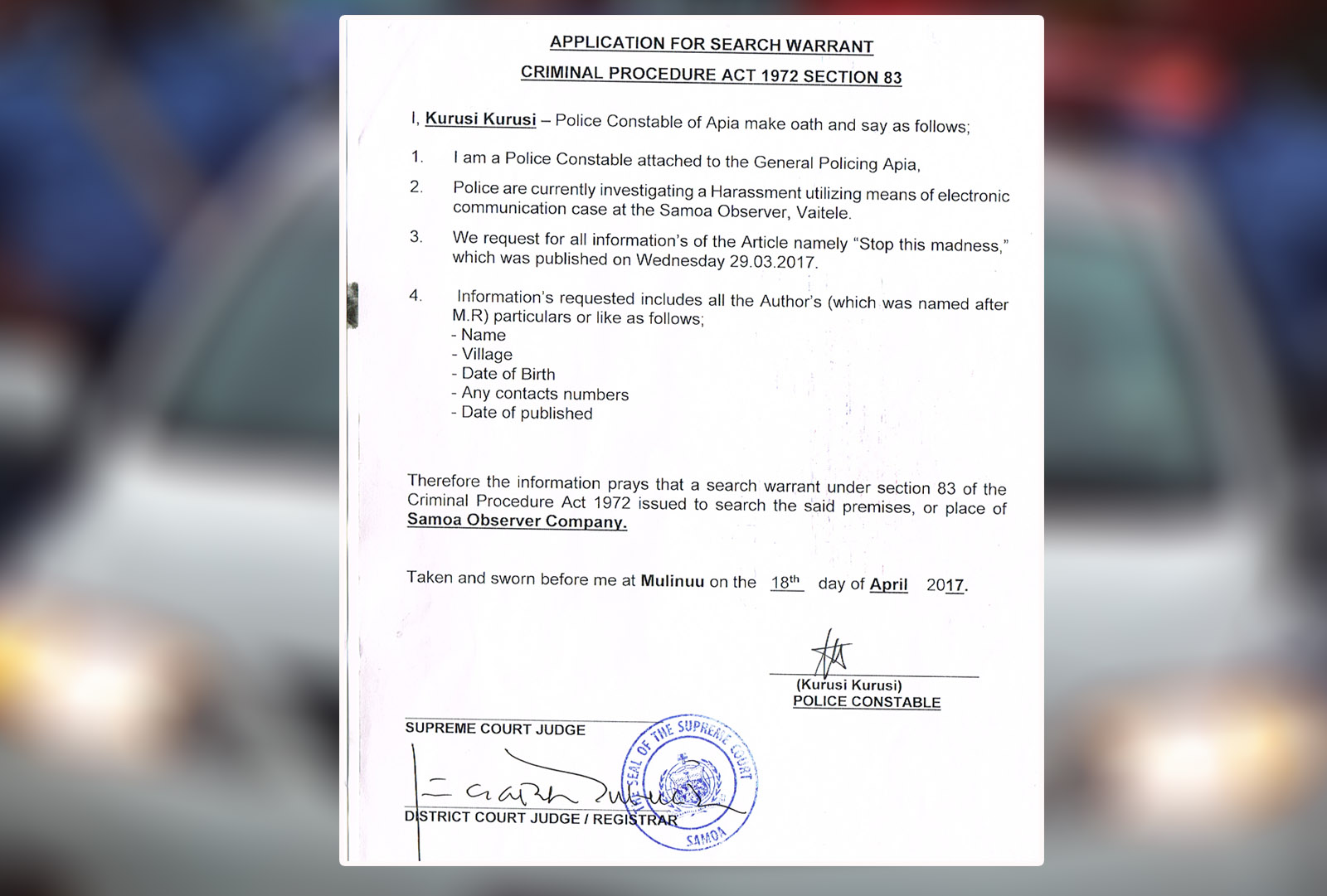 Police execute search warrant of Samoa Observer